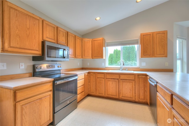 kitchen featuring sink, lofted ceiling, and stainless steel appliances