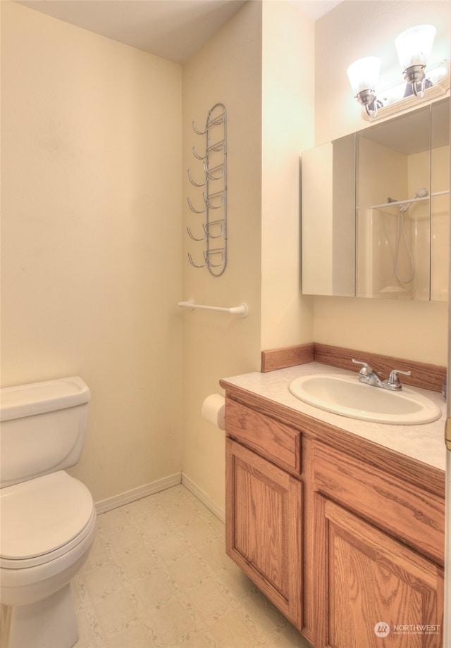 bathroom with vanity, toilet, and walk in shower