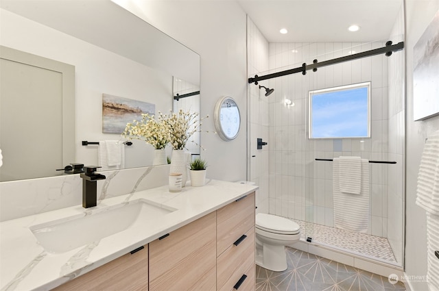 bathroom featuring vanity, tile patterned floors, vaulted ceiling, toilet, and an enclosed shower