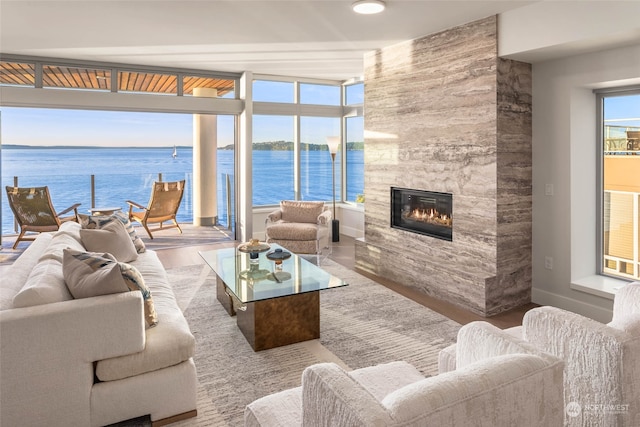 living room featuring a fireplace, a water view, and wood-type flooring