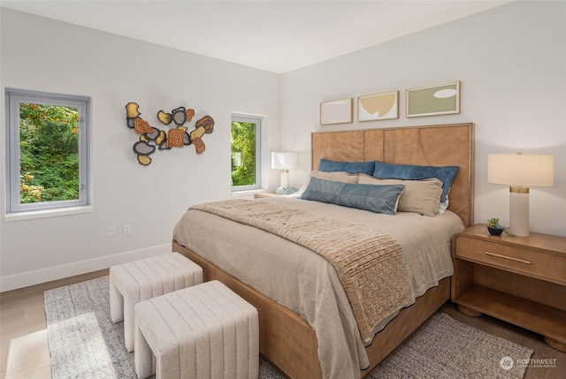 bedroom featuring multiple windows and hardwood / wood-style flooring