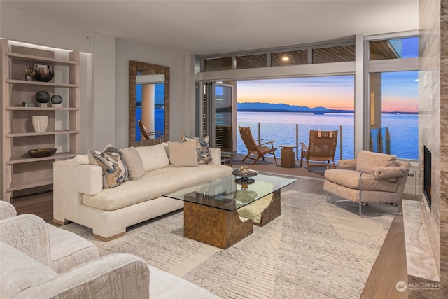 living room with a water view and wood-type flooring