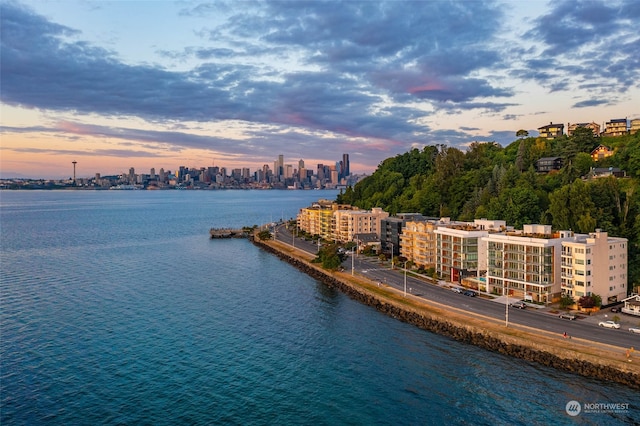 aerial view at dusk featuring a water view