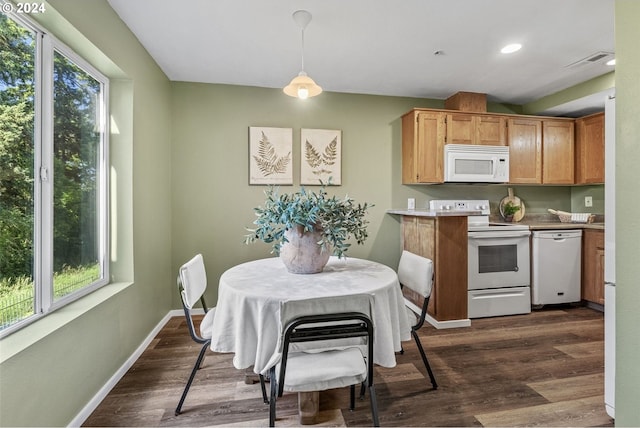 kitchen with pendant lighting, dark hardwood / wood-style floors, and white appliances