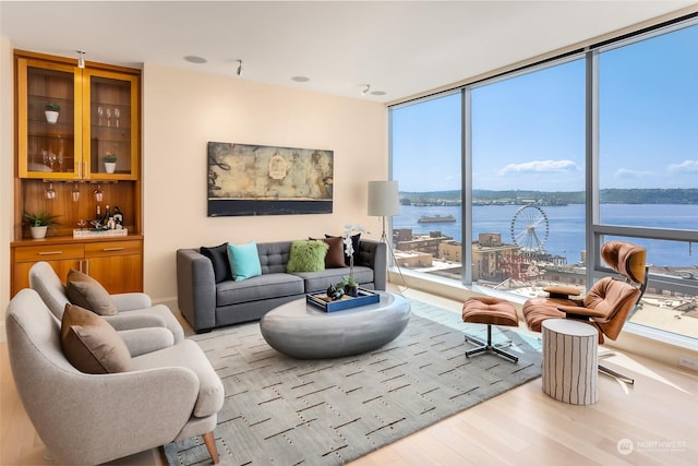 living room featuring a wall of windows, light wood-type flooring, a water view, and plenty of natural light