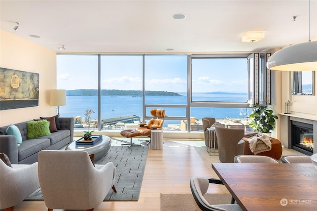 living room with plenty of natural light, expansive windows, a water view, and light wood-type flooring