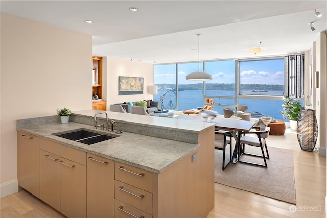 kitchen featuring kitchen peninsula, a water view, light wood-type flooring, and sink