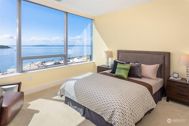 carpeted bedroom featuring a water view