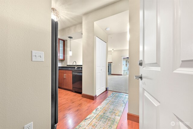 corridor with sink and hardwood / wood-style flooring