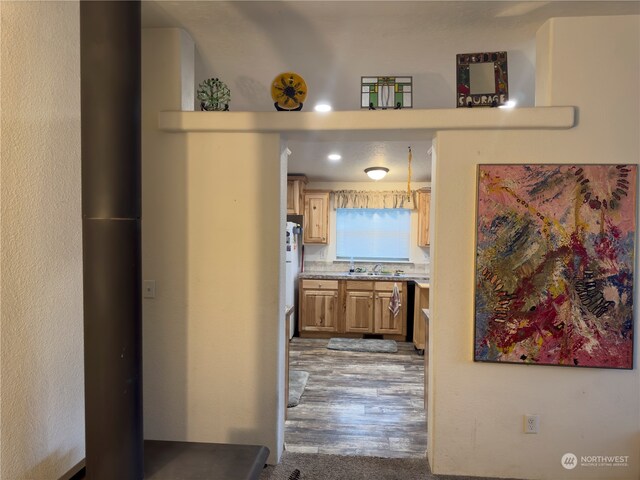 hall with light hardwood / wood-style flooring and sink