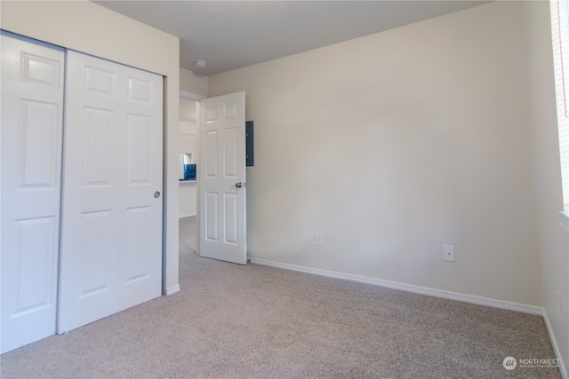 unfurnished bedroom featuring multiple windows, light colored carpet, and a closet