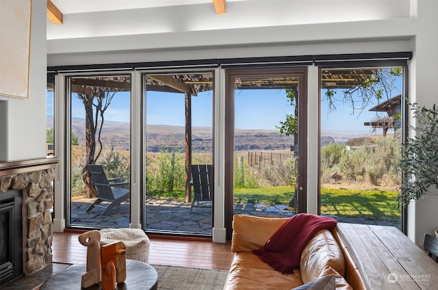 doorway to outside with dark hardwood / wood-style floors, a stone fireplace, a mountain view, and a wealth of natural light