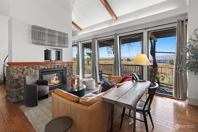 living room featuring wood-type flooring, a stone fireplace, and plenty of natural light