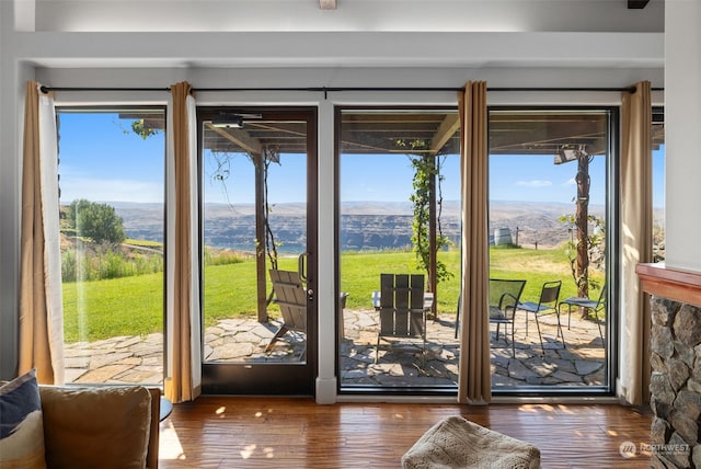 doorway to outside with a mountain view, dark hardwood / wood-style flooring, and a wealth of natural light