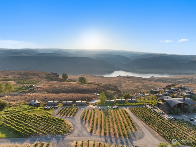 bird's eye view with a water and mountain view and a rural view