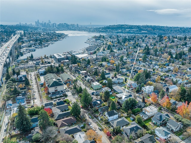 aerial view featuring a water view