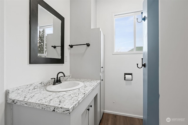 bathroom featuring hardwood / wood-style floors and vanity