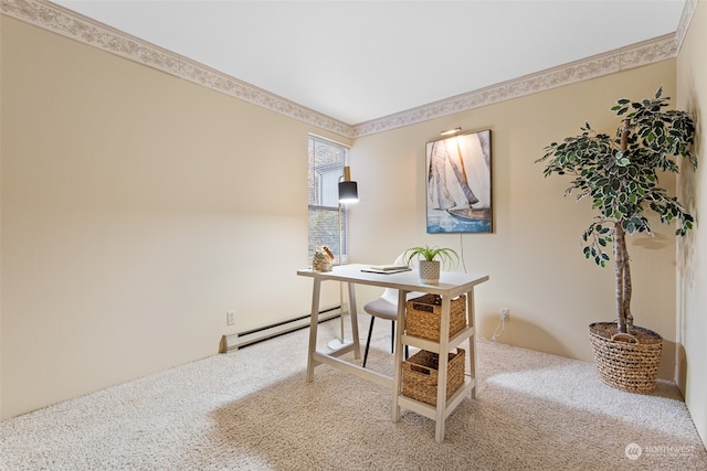 carpeted home office with a baseboard radiator