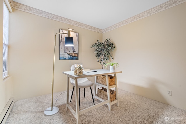 office space with carpet floors and a baseboard heating unit