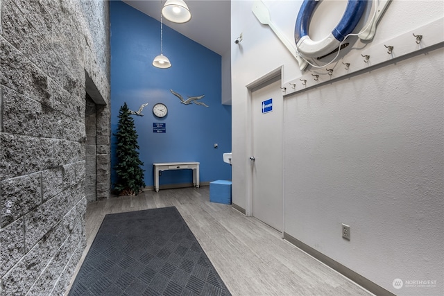 hallway with high vaulted ceiling and wood-type flooring