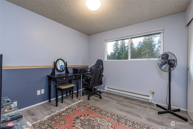 office space with wood-type flooring, a textured ceiling, and a baseboard radiator