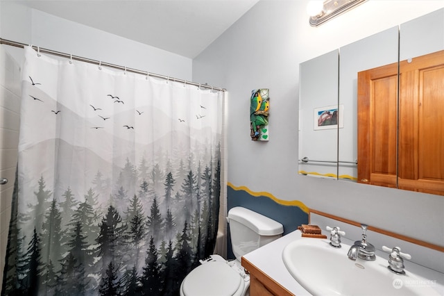 bathroom featuring a shower with shower curtain, vanity, and toilet