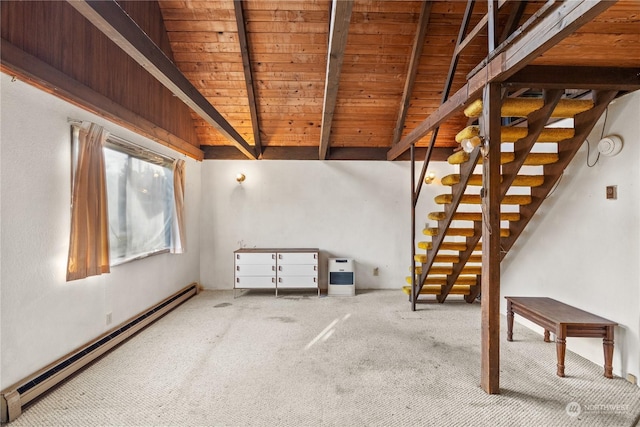 interior space featuring carpet, beam ceiling, a baseboard heating unit, and wood ceiling