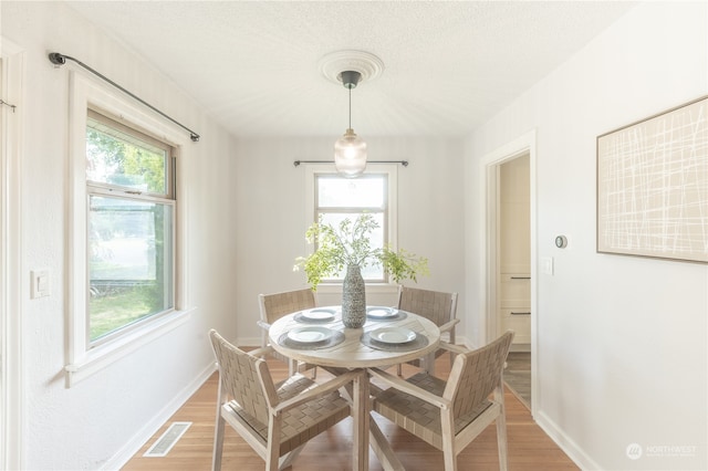 dining area featuring a wealth of natural light, wood-type flooring, and a textured ceiling