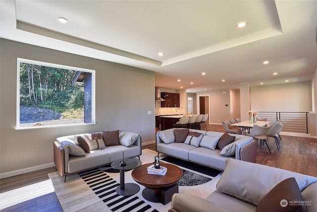 living room with light wood-type flooring and a tray ceiling