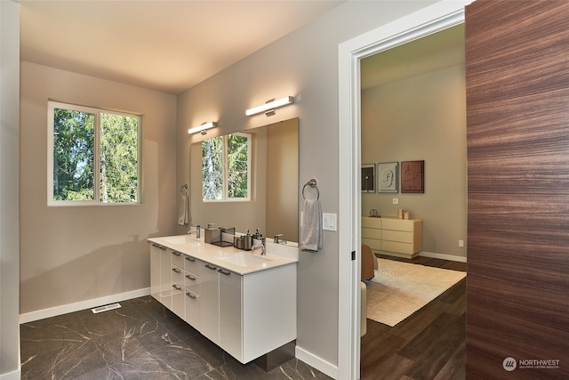 bathroom with vanity and wood-type flooring