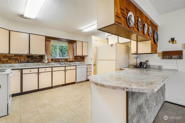 kitchen with white appliances, sink, a textured ceiling, tasteful backsplash, and kitchen peninsula