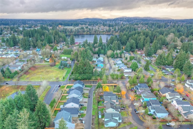 aerial view at dusk with a water view