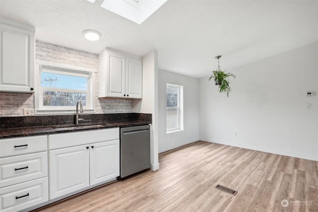 kitchen featuring stainless steel dishwasher, white cabinetry, sink, and a wealth of natural light