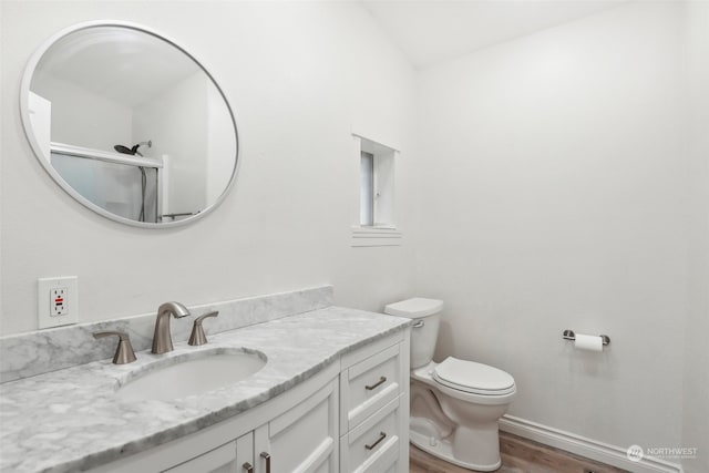 bathroom with vanity, wood-type flooring, a shower with shower door, and toilet