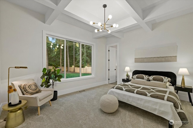 carpeted bedroom featuring beam ceiling, an inviting chandelier, and coffered ceiling