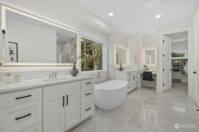 bathroom with plenty of natural light, plus walk in shower, and vanity