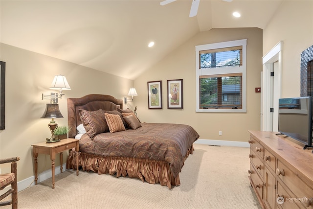 bedroom with lofted ceiling, ceiling fan, recessed lighting, light carpet, and baseboards