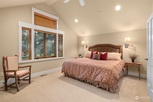 bedroom with light carpet, visible vents, baseboards, and lofted ceiling