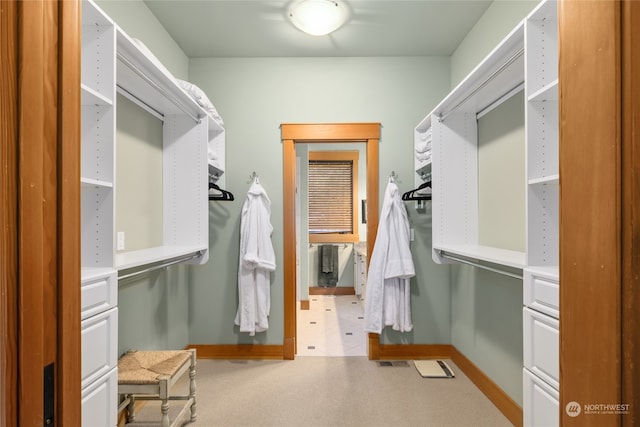 spacious closet featuring light colored carpet