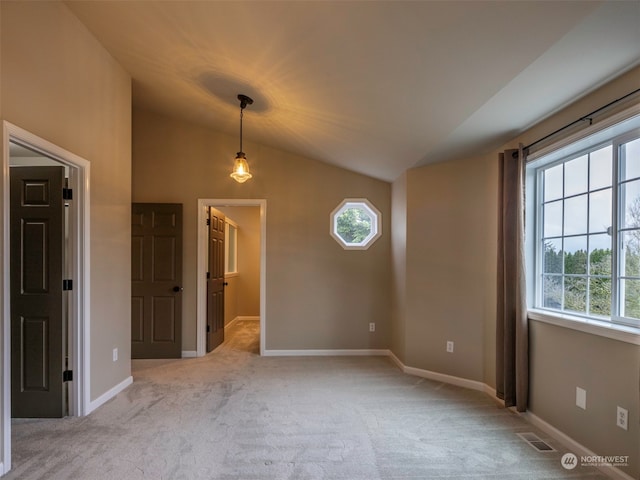 empty room featuring a healthy amount of sunlight, lofted ceiling, and light carpet