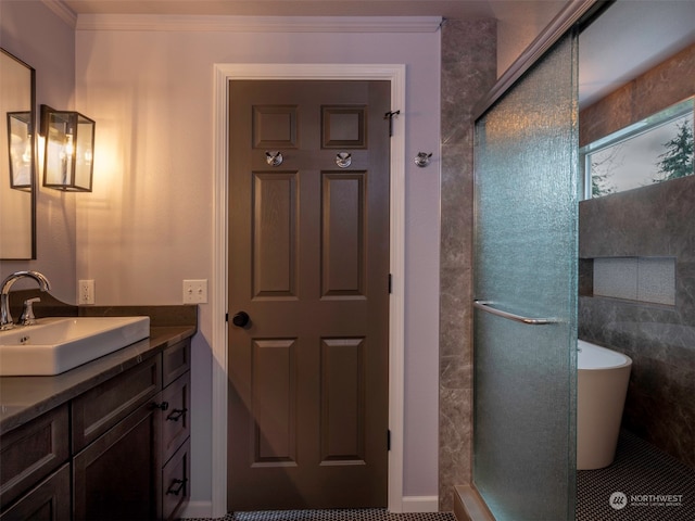 bathroom featuring separate shower and tub, tile patterned floors, vanity, and ornamental molding