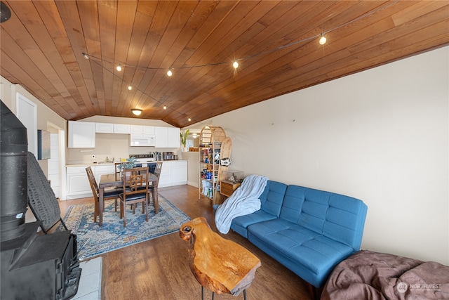 living room featuring dark hardwood / wood-style flooring, lofted ceiling, and wood ceiling