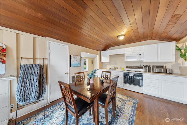 dining room with dark hardwood / wood-style flooring, wood ceiling, and lofted ceiling