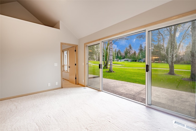 entryway with carpet floors and high vaulted ceiling