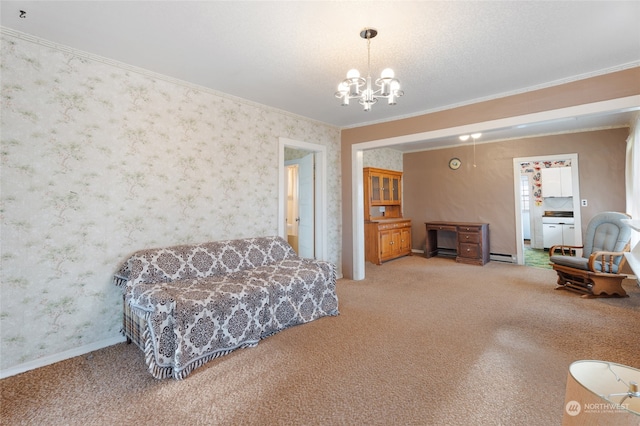 sitting room with carpet, a notable chandelier, crown molding, and a baseboard heating unit