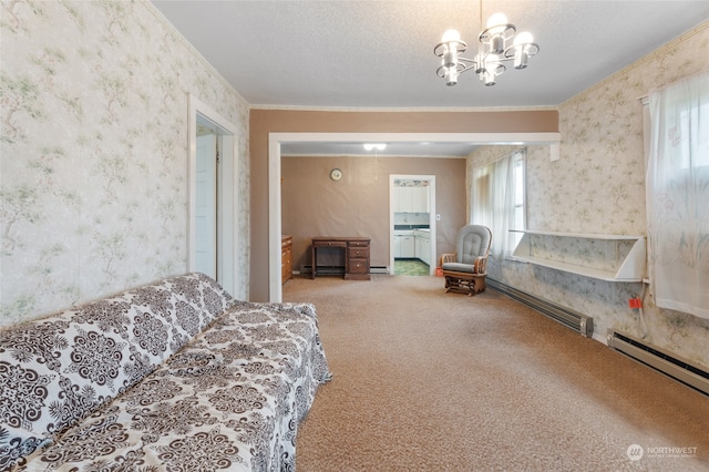 carpeted bedroom featuring a chandelier, ornamental molding, connected bathroom, and a baseboard radiator