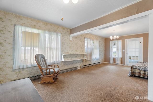 unfurnished bedroom with carpet, baseboard heating, crown molding, beamed ceiling, and a chandelier