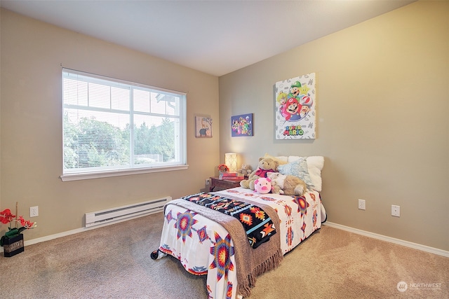 bedroom featuring light colored carpet and baseboard heating