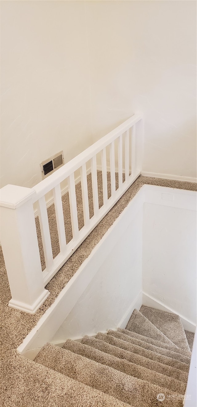 staircase featuring carpet flooring