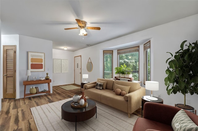 living room featuring light hardwood / wood-style floors and ceiling fan